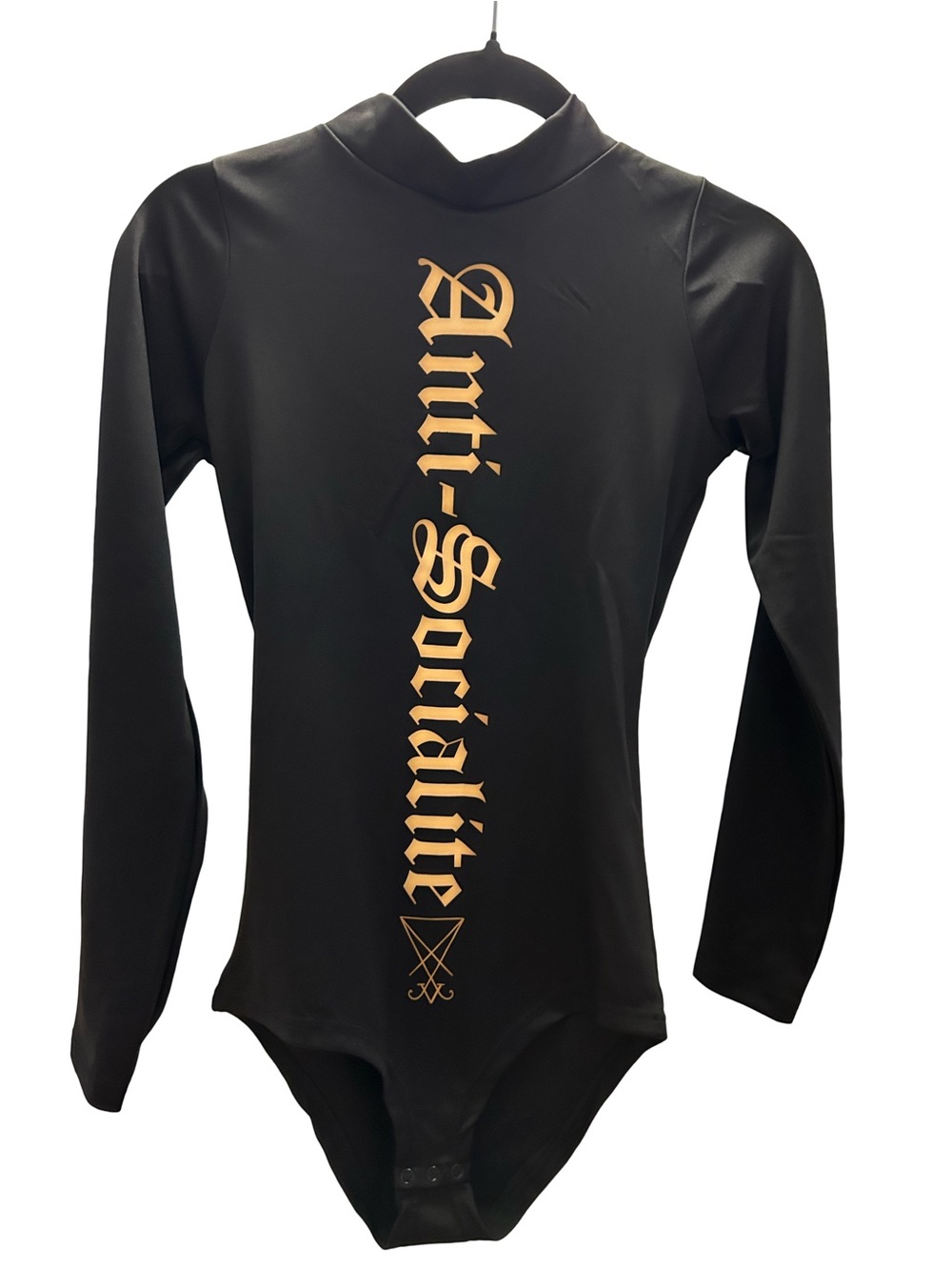 BRAND NEW! Disturbia Black Long Sleeve Bodysuit with Gold 'Anti-Socialite' Print
